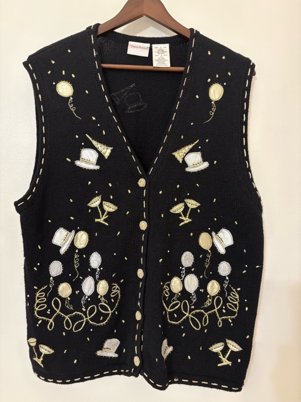 VINTAGE Bobbie Brooks Black Knit Vest Festive Golden NYE Embroidery Sz:L